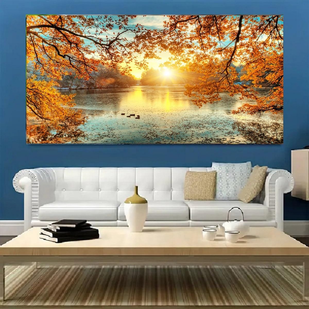 Yxbhhym-Landscape Tree Canvas Wall Art Fall Forest Sunset Wall Decor Poster Lake Water Pictures for bedroom wall decor Natural Scenery Paintings Artwork Large Living Room Decor Home Office Decoration