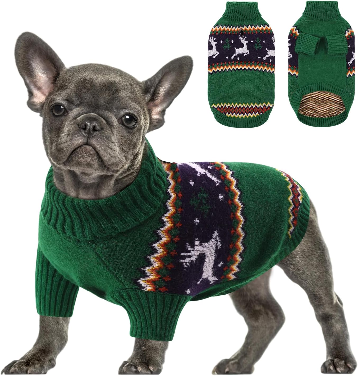 Queenmore Dog Christmas Sweater,Turtleneck Knitted Pullover Xmas Pet Clothes Sweatshirt,Christmas Outfit, Warm Dog Sweaters for Small Dogs Boy Girl,XmasDeer,L