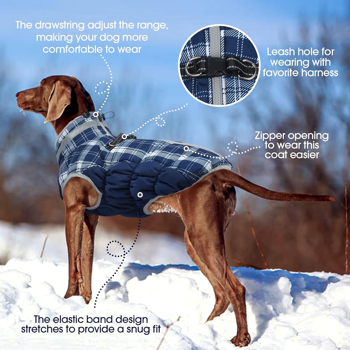 FUAMEY Dog Coat for Medium Dogs,Waterproof Dog Winter Jacket with Harness Built in Puppy Cold Weather Coats Reflective Pet Vest with Zipper Warm Fleece Dogs Snowsuit Windproof Blue Plaid M