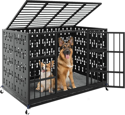LEMBERI 48/42 inch Indestructible Heavy Duty Dog Crate, High Anxiety Extra Large Dog Cage for Large Dogs, XL Steel Escape Proof Dog Kennel with Cushion and Wheels (Black, 42.5''L*29.9''W*34.46''H)