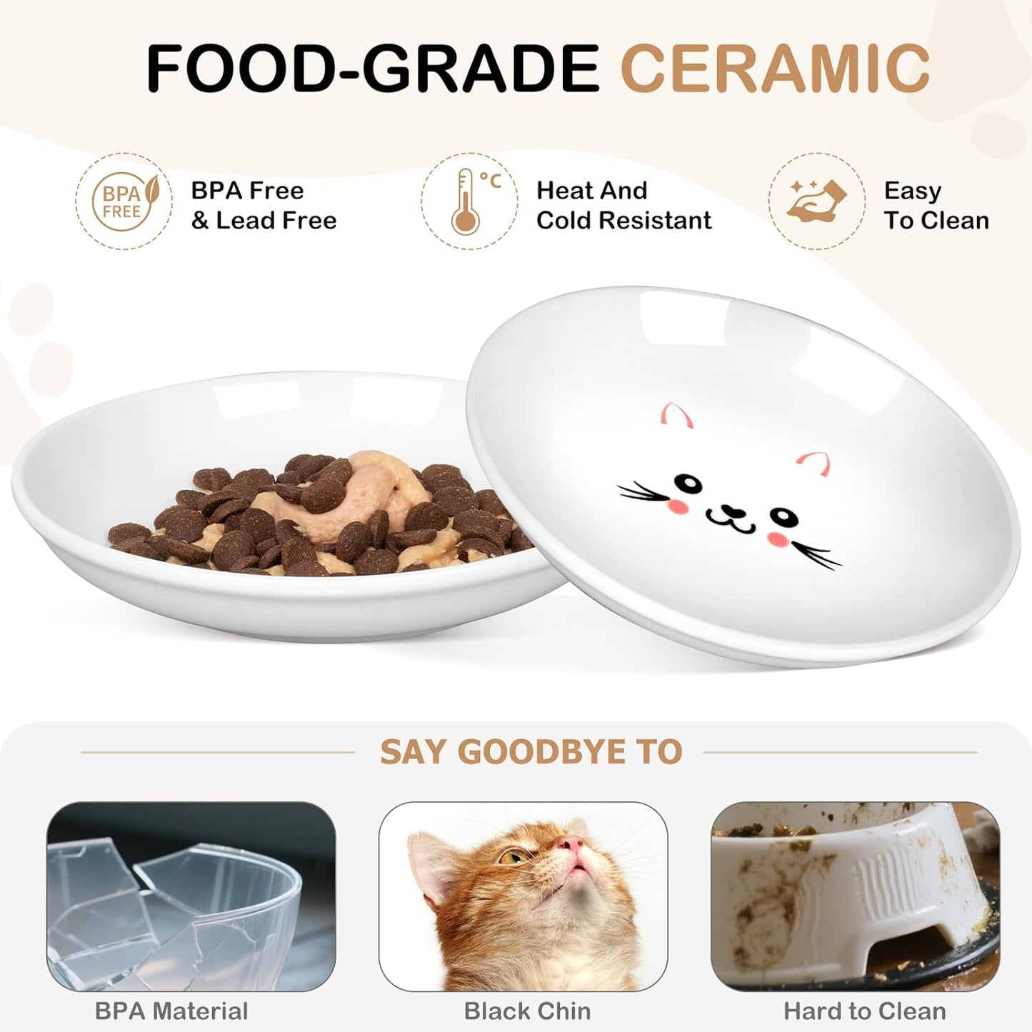 TRUVIC 4 Pack Ceramic Cat Food Bowls, 5.9 Inch Ceramic Cat Dishes Set for Indoor Cats and Small Dogs, Anti Whisker Fatigue Kitten Bowls, Wide Shallow Kitten Plates for Food and Water (Cute Face)