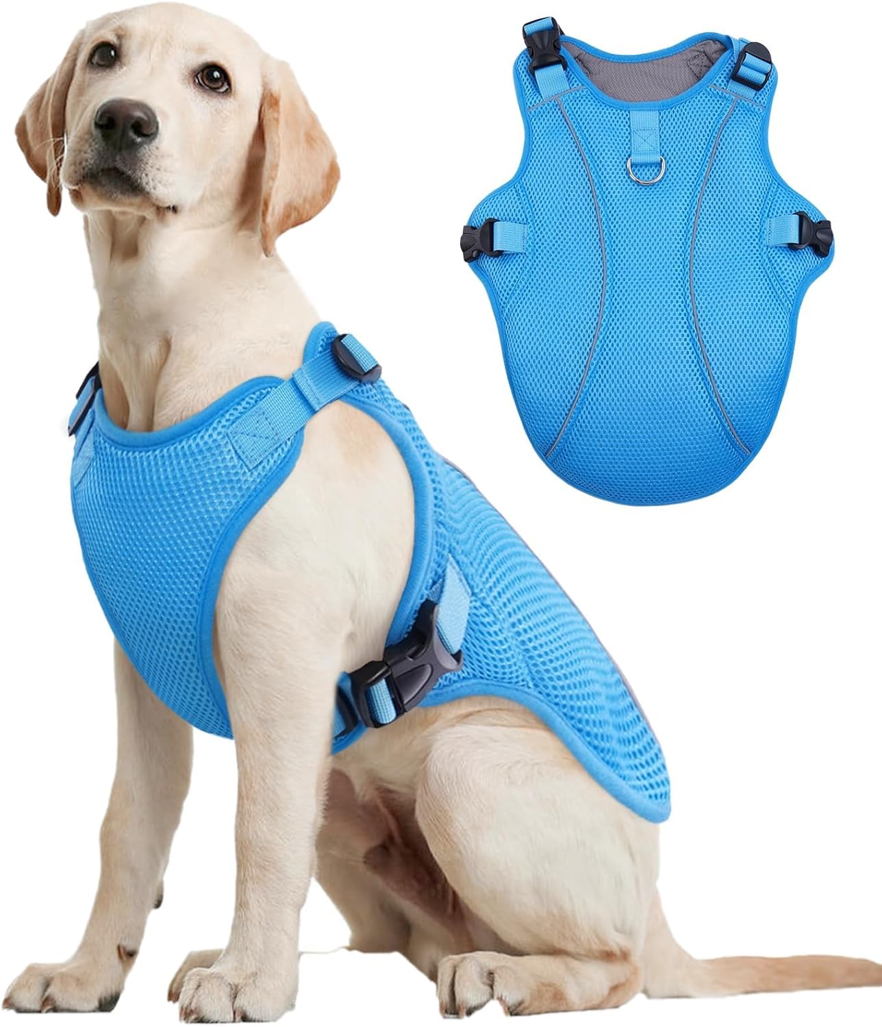Kuoser Dog Cooling Vest for Large Dogs, Lightweight Doggie Cooler Jacket Breathable Mesh Pet Cooling Shirts Reflective Puppy Cool Harness for Beach, Hiking, Walking Blue XL