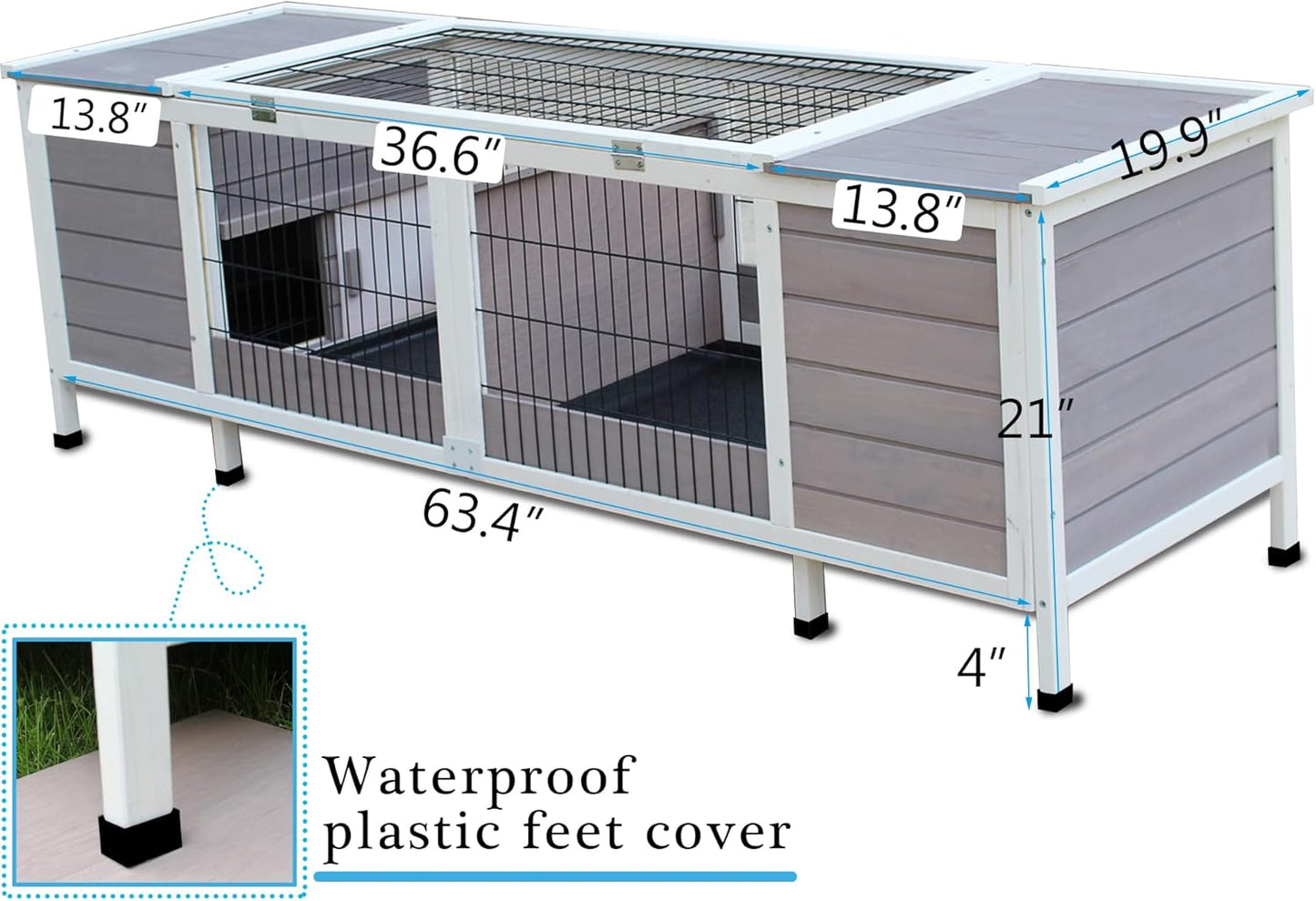 Rabbit Hutch Indoor Leakproof Bunny Cage Fir WoodenOutdoor Bunny House with Wire Floor Leakproof Plastic Tray (Grey)