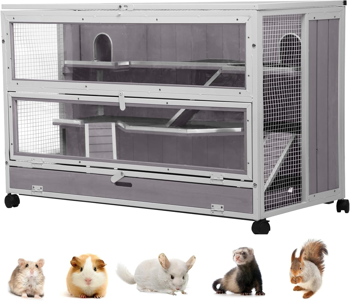 GUTINNEEN Guinea Pig Cages - Metal Iron Frame, Hamster Cage with Chew-Proof Aluminum Edges, Movable Small Animal Hideout with Leak-Proof Tray, White