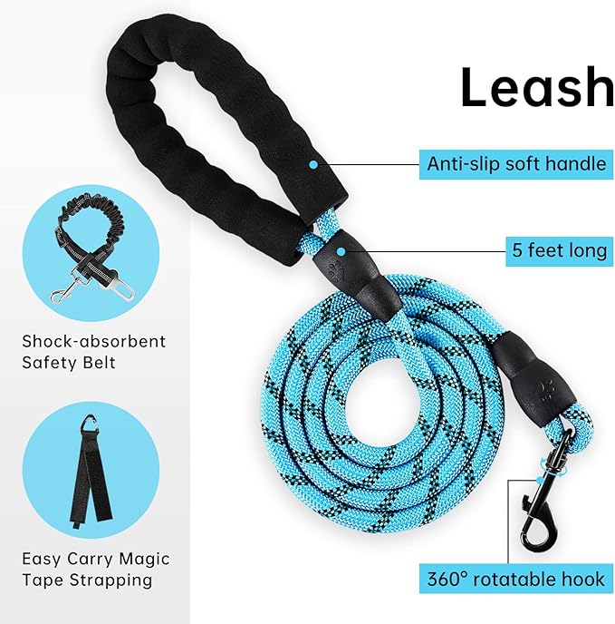 IVY&LANE No Pull Dog Harness for Medium Dogs, Dog Vest Harness with Leash, Safety Belt and Storage Strap, Fully Adjustable, 360 Reflective Strip, Soft Handle (Blue, M)