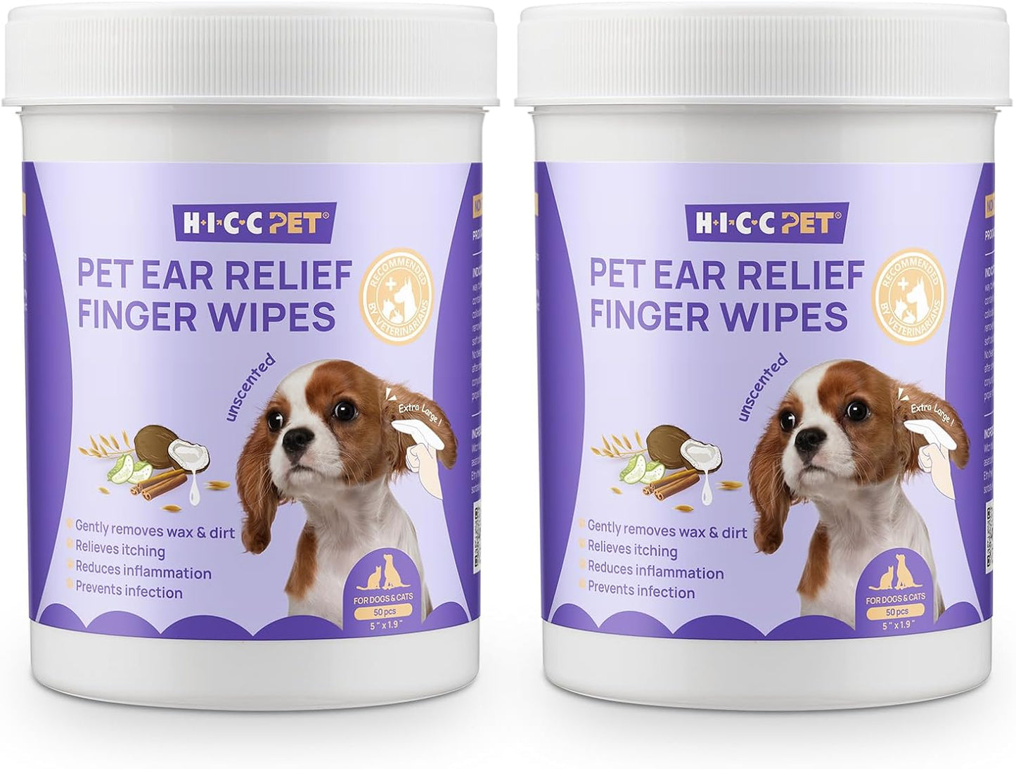 HICC PET Dog Ear Wipes Finger 100 Count Dog Ear Cleaner Wipes for Dogs & Cats, Dog Ear Infection Treatment to Relieve Ear Itching & Inflammation, Remove Ear Wax, Dirt, Smelly - Unscented