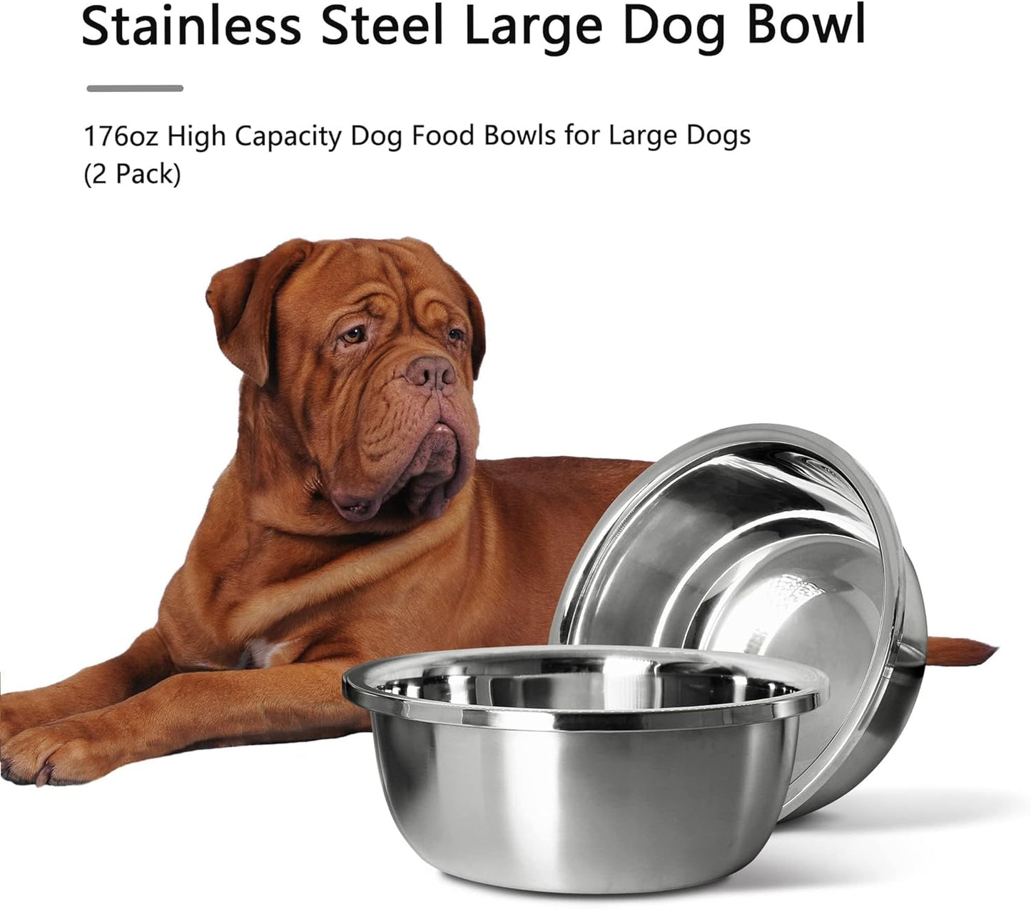 Stainless Steel Large Dog Bowl Set of 2, with 176 oz (24cup) High Capacity Metal Dog Food Bowls,Desirable Water and Food Bowls for Large, X-Large, and Giant Dogs,Heavy Duty, BPA-Free