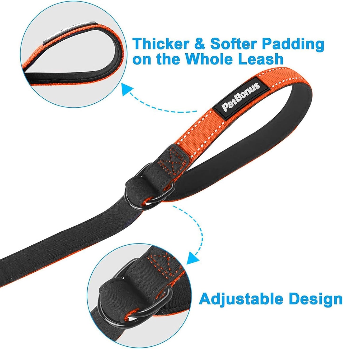 PetBonus Short Dog Leash, Safety Wrist Strap for Retractable Dog Leash, Reflective Design and Adjustable Soft Padded Handle, Extra Layer Security for Pet Stroller (Orange)