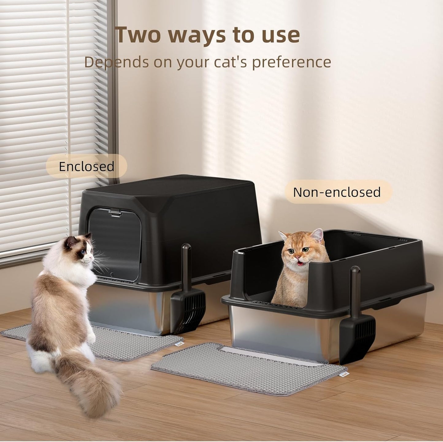 Stainless Steel Cat Litter Box with Lid, Extra Large, Great for Large & Small Cats, Easy to Clean, Anti-Leakage, Non-Sticky, Multifunctional 2 in-1 Metal Cat Litter Box - Black
