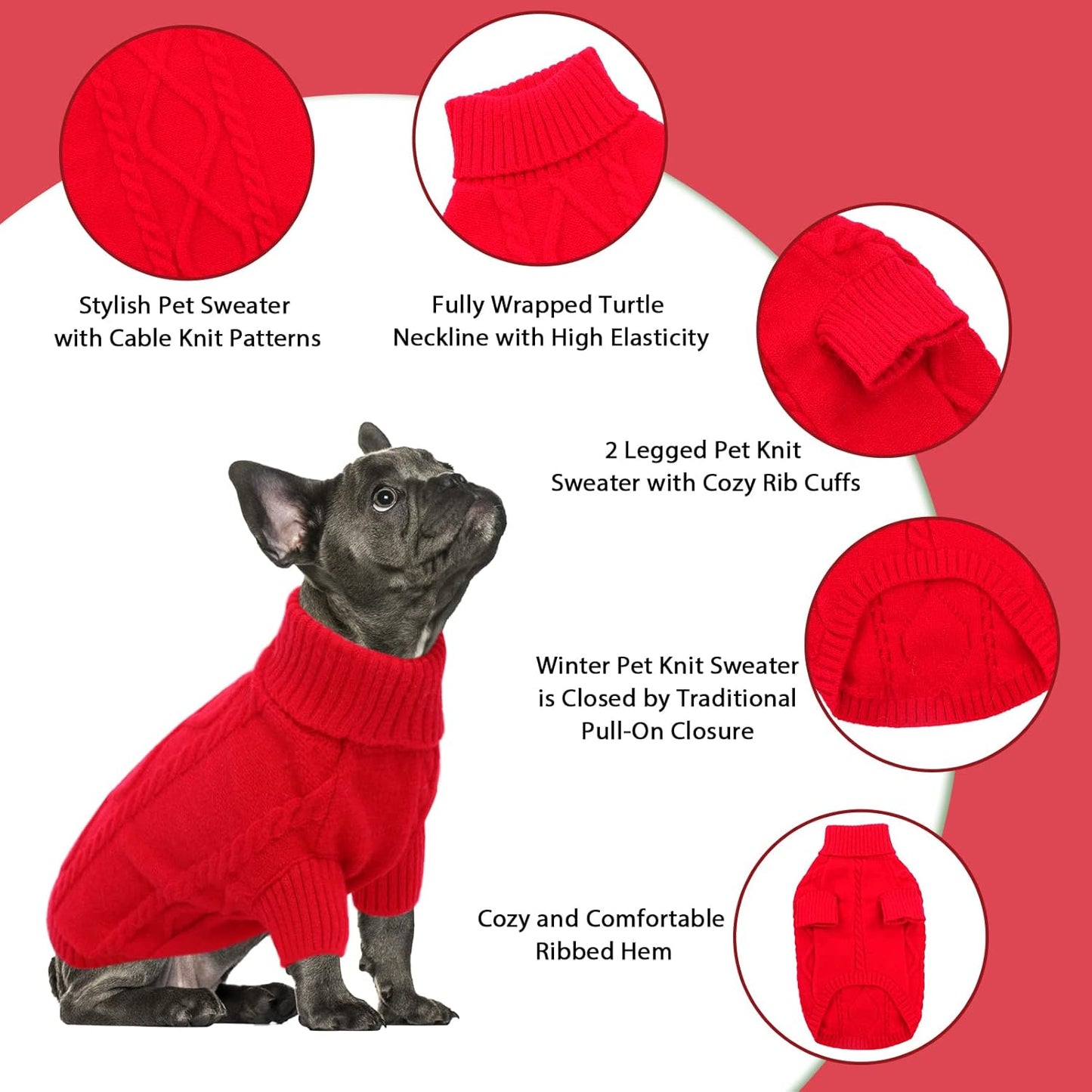 Queenmore Small Dog Pullover Sweater, Cold Weather Cable Knitwear, Classic Turtleneck Thick Warm Clothes for Chihuahua, Bulldog, Dachshund, Pug (Red, X-Small)