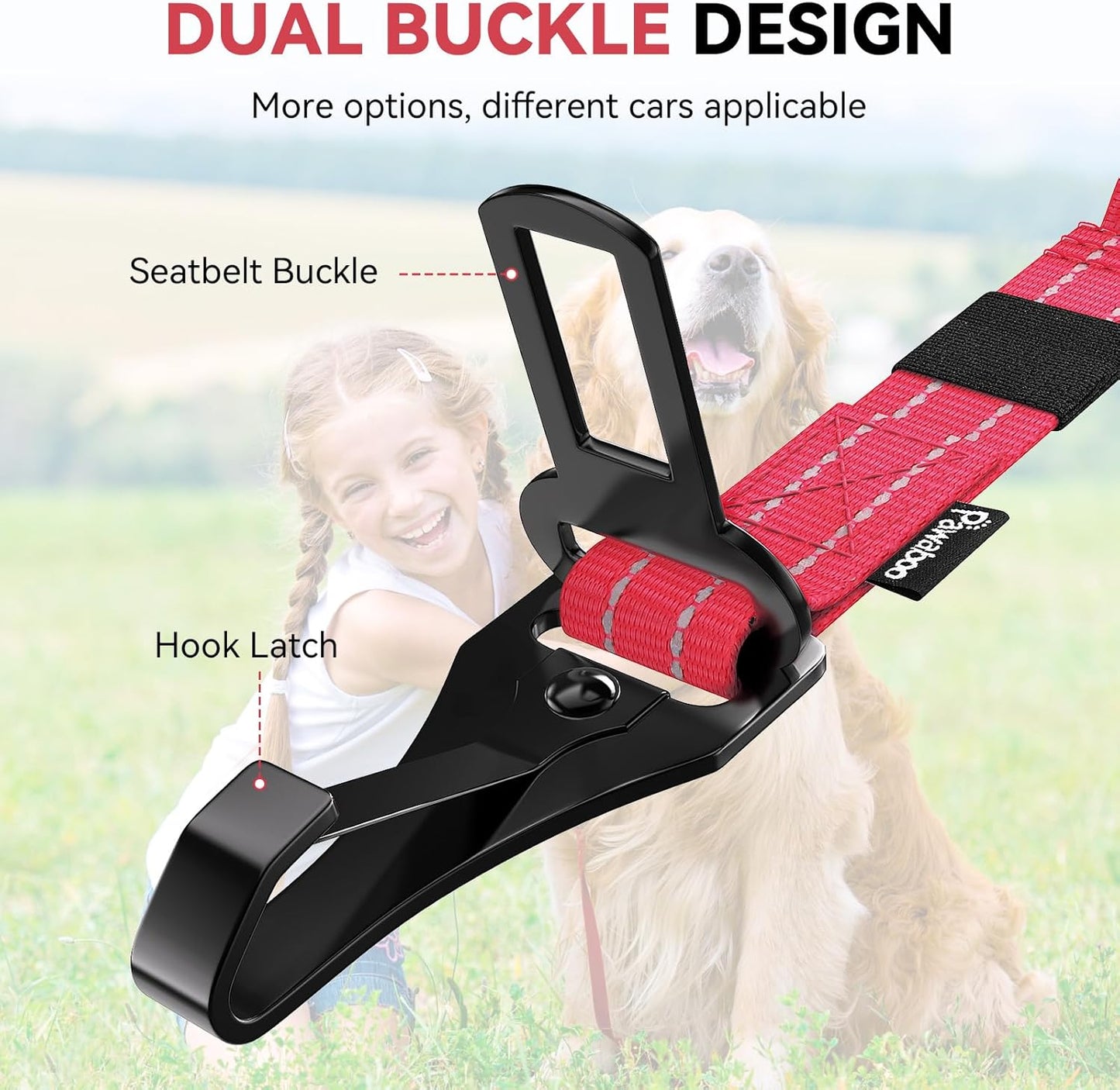 Pawaboo 2Pack Dog Seatbelt for Car, 3-in-1 Dog Seat Belt Bungee, Shockproof Dog Car Tether with Buckle & Hook Latch, Adjustable Reflective Dog Car Harness Leash with 360° Lockable Buckle, Red