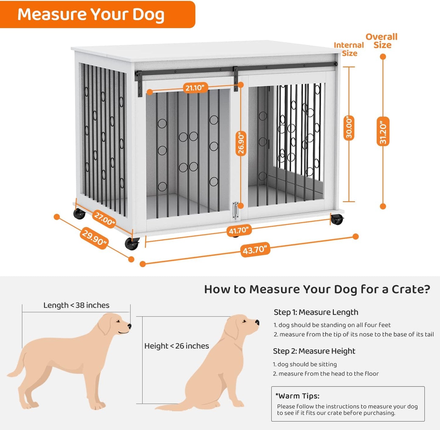 IchbinGo Large Dog Crate Furniture with Sliding Barn Door, 43.7" Wooden Dog Kennel End Table with Wheels and Flip-top Plate Dog House with Detachable Divider for Small/Medium/Large Dog (White)