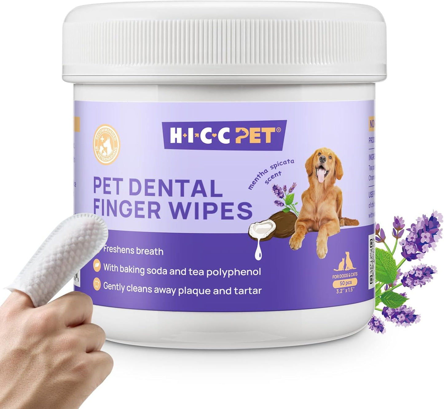 HICC Pet Teeth Cleaning Wipes for Dogs & Cats, Remove Bad Breath by Removing Plaque and Tartar Buildup, Disposable Dog Finger Toothbrush Gentle Pet Dental Care Wipes, 50 Counts, (Mentha Spicata Scent)
