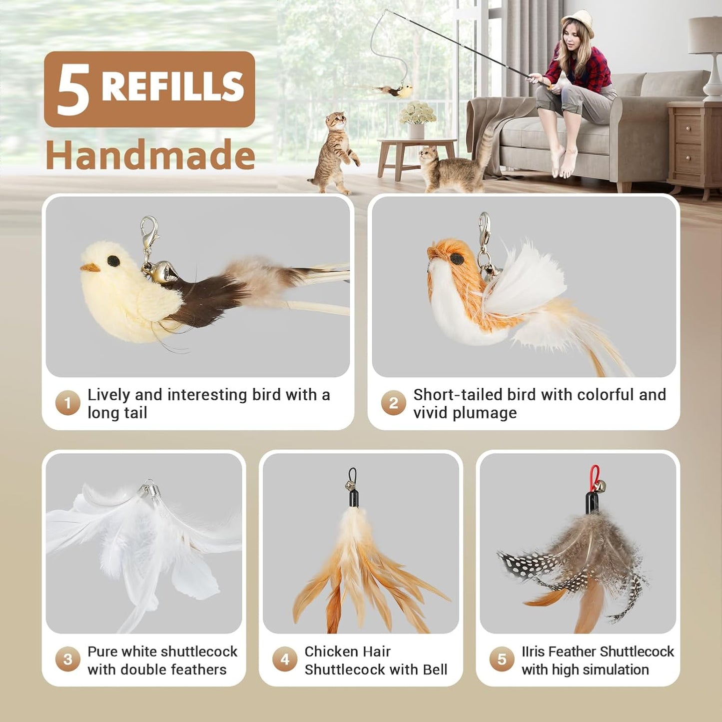 ROSAUI Cat Teaser Wand Toys, Interactive Bird Toy for Indoor Kittens, 53.15’’ Long Cat Fishing Pole Toys, 2X Wires and 5X Natural Refills, Sustainable Wooden Handles, Exercising, Playing