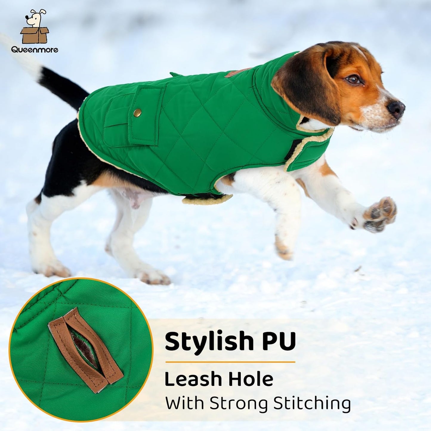 Queenmore Warm Dog Coat, Cold Weather Puffer Dog Coat Vest, Quilting Winter Pet Jacket Ultra Thick Plush Fleece Lining Pet Clothes for Dogs with Storage Pockets (Forest Green,X-Large)