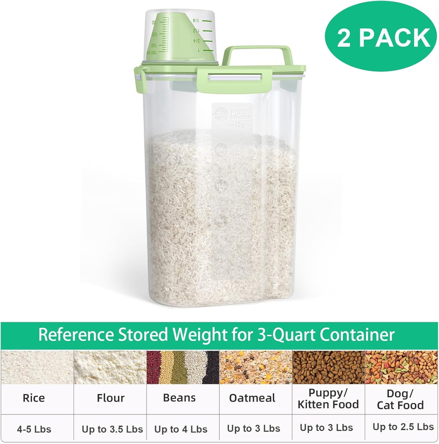 TBMax Rice Container Cereal Storage Container 2 Pack 5 Lbs, Plastic Kitchen Pantry Food Storage Container with Cup, Small Pet Dog Cat Food Dispenser -Green