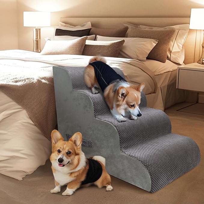 PAWSCART Dog Stairs for Small Dogs and Cats, 4-Step Dog Steps for Bed, 19.6" H Pet Stairs for High Bed, Pet Ramp for Couch, Sofa, Non-Slip Surface Removable Washable Cover, Grey