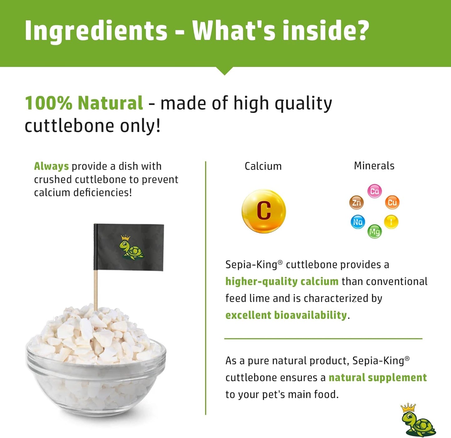 Crushed - 100% Natural Calcium Supplement - Premium Cuttlebone Perfect for Birds, Tortoises, Snails, Reptiles - 3.5 oz