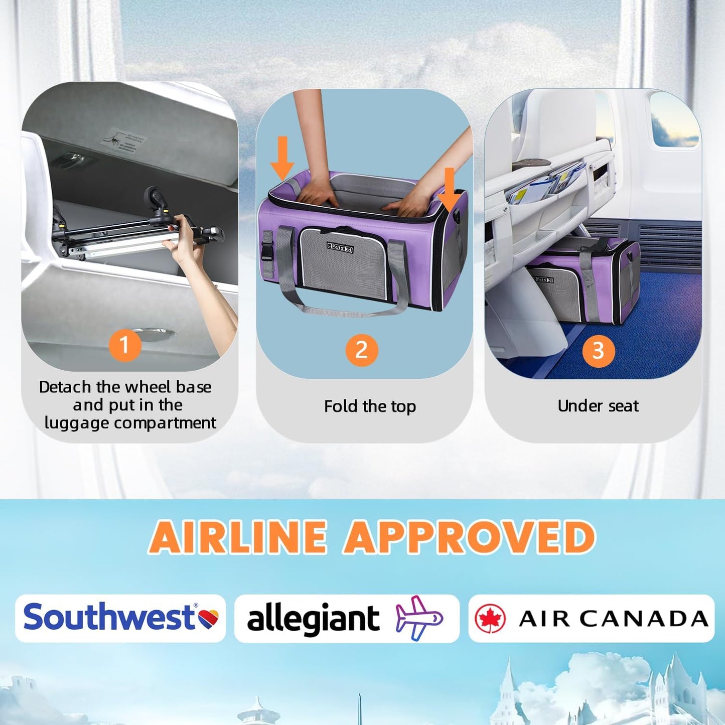 Petskd Top-Expandable Pet Carrier with Wheels 19x13x9 Inches Southwest Allegiant Airlines Approved, Soft-Sided Carrier for Small Dog Under 12 lbs and Large Cat Under 15 lbs(Purple)