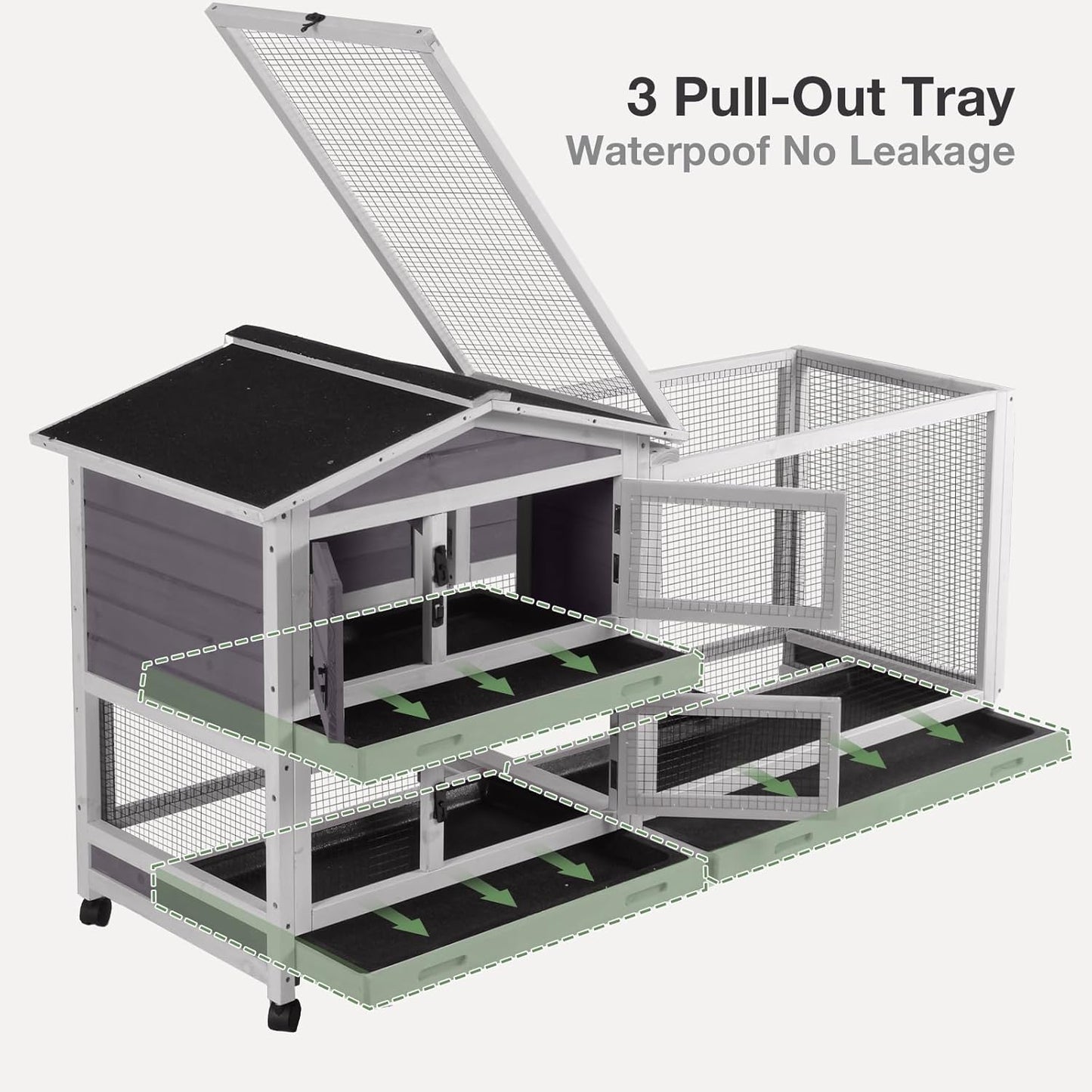 2-Story Indoor Rabbit Hutch with Chew-Proof Outdoor Rabbit Cage with 6 Locking Casters Bunny Cage 2 Pull-Out Trays Guinea Pigs Cage 62"
