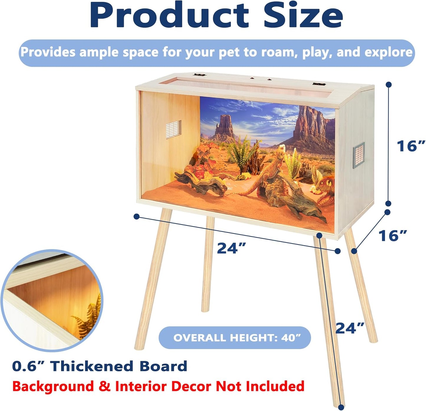 Prolee Reptile Terrarium, Lizard Tank Up to 68 Gallons, Bearded Dragon Tank with Roof Door, Snake Tank with Built-in Lamp Fixture and Switch, with Leg Stand (Oak, 21 Gallons, 24" Length)