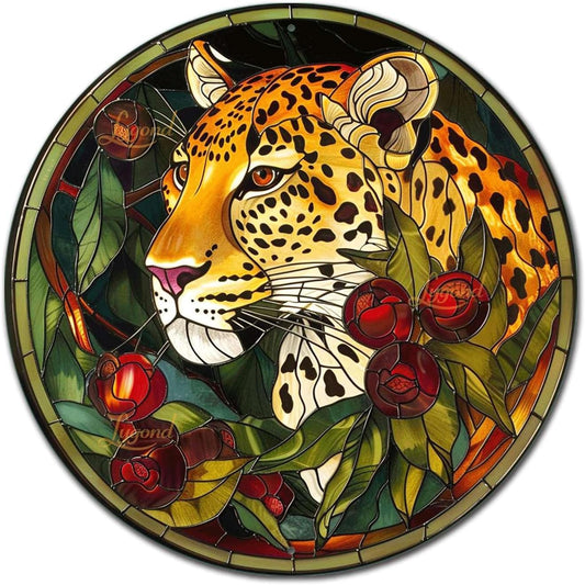 Lygond Metal Sign Tin Sign Circular Stained Glass Leopard Bathroom Signs For Home For Club 12×12 Inches