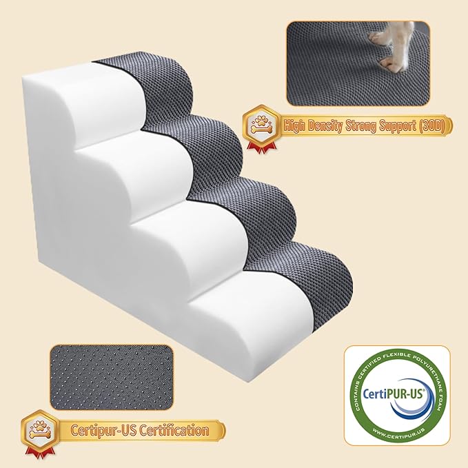 PAWSCART Dog Stairs for Small Dogs and Cats, 4-Step Dog Steps for Bed, 19.6" H Pet Stairs for High Bed, Pet Ramp for Couch, Sofa, Non-Slip Surface Removable Washable Cover, Grey