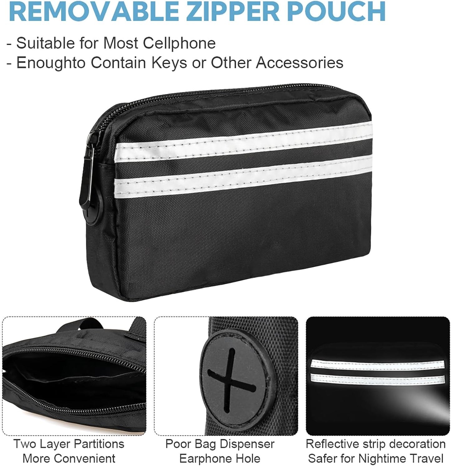 Hands Free Dog Leash with Pouch, Double Leash for Two Dogs, Retractable Bungee with Double Padded Handles, Dog Waist Leash for Dog Walking,Dog Walking Accessories,Black Grey