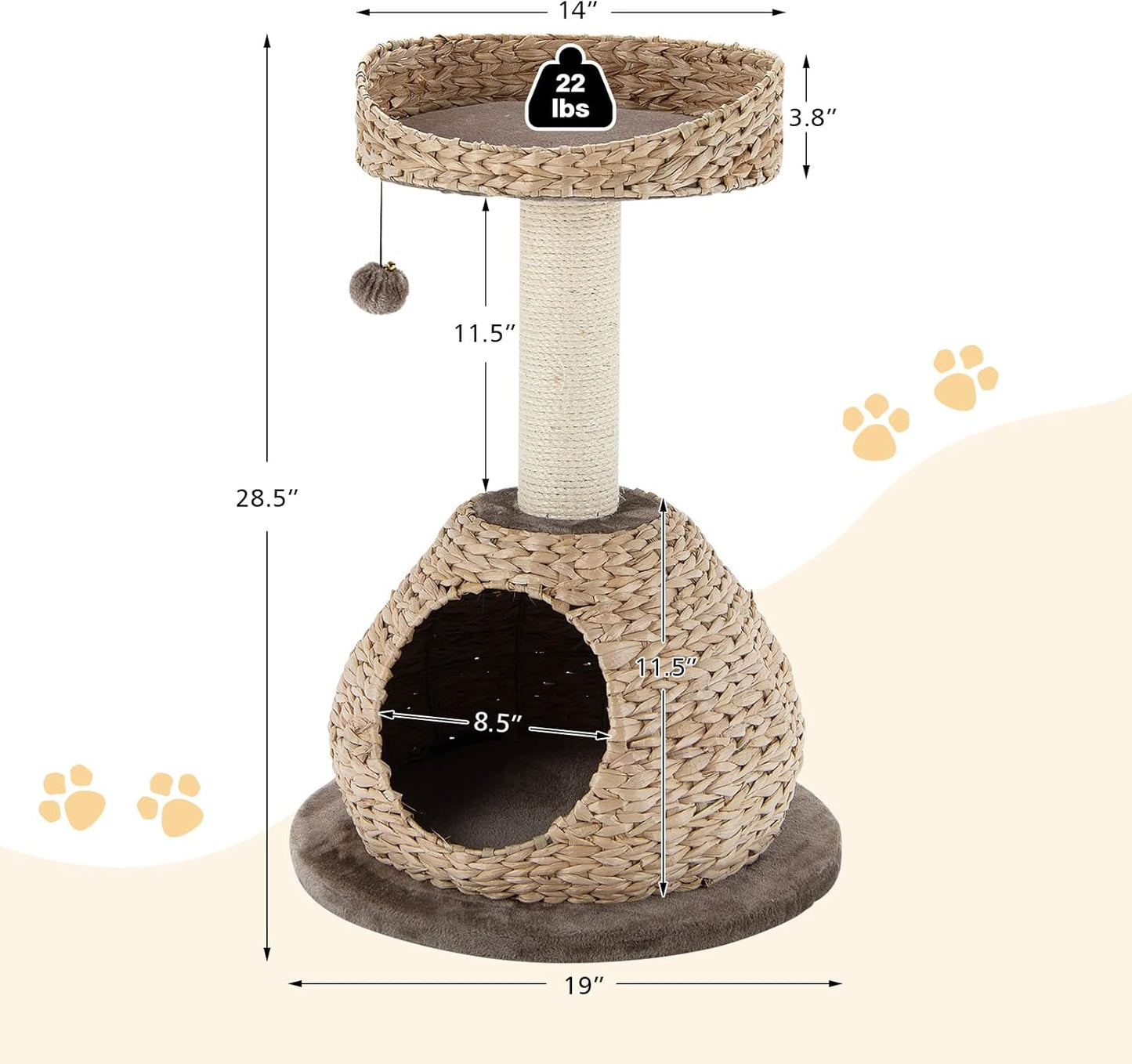 Tangkula Modern Cat Tree, Small Cat Tower with Natural Sisal Scratching Post, Hand-Made Wicker Cat Condo & Top Perch, Funny Hanging Toy Ball, Cute Cat Tree Tower for Indoor Cats