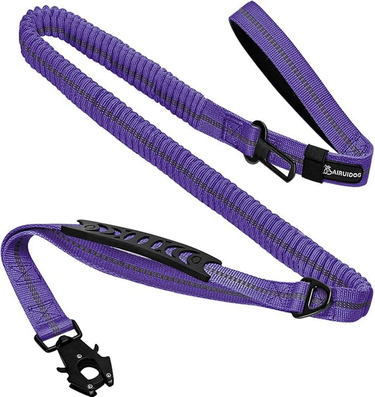 Heavy Duty Bungee Dog Leashes, 4-6FT Shock Absorbing Tactical Dog Leash with 2 Padded Handles, Metal Carabiner Clip,Car Seatbelt, Reflective Dog Leash for Medium Large Dogs (Purple)
