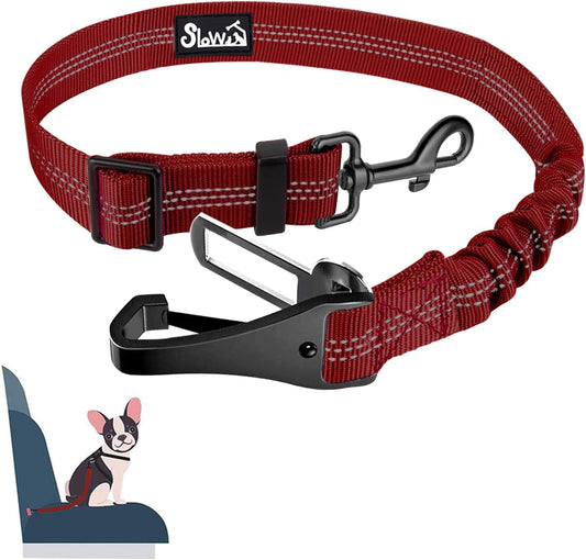 SlowTon Dog Seat Belt, Adjustable Dog Safety Belt Leash, 2 in 1 Latch Bar Attachment Dog Car Seatbelt with Elastic Nylon Bungee Buffer, Reflective Nylon Belt Tether Connect to Dog Harness (Red)