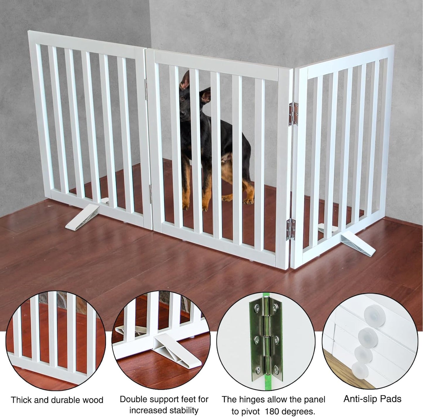 ZJSF Freestanding Indoor Dog Gate for House Foldable Wood White Puppy Gate for Doorways Pet Gate for Stairs Extra Wide Pet Fence 32" Height 3 Panels