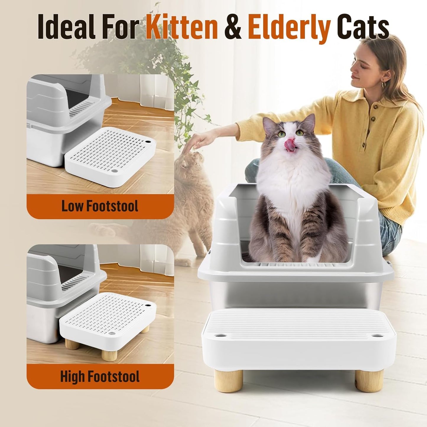 Cat Litter Box Step Ramp, Cat Litter Catcher Mat with Wooden Feet, Filter Function, Cat Pedal Stool for Self-Cleaning Cat Litter Box, Ideal for Kitten & Elderly Cats (White)