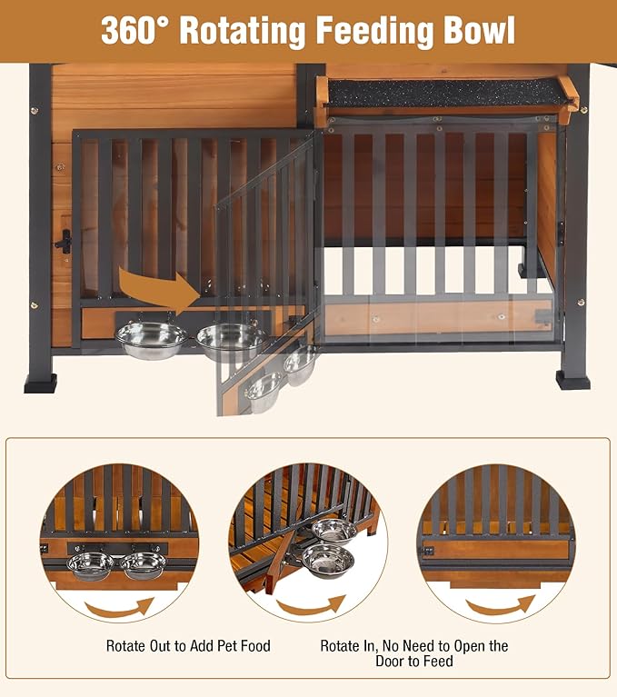 GUTINNEEN Heated Dog House Outdoor with Electric Heating Pad, Insulated Wooden Dog Kennel with 360° Rotating Feeding Bowl, Anti-Chewing Metal Frame, Natural Wood Color