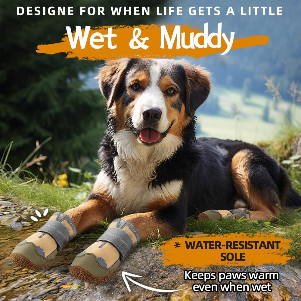 Dog Shoes for Large Dogs, Medium Dog Boots & Paw Protectors for Hardwood Floors, Outdoor Dog Booties for Hot Pavement Winter Snow Hiking, Waterproof Dog Shoes with Reflective Strips Size 8