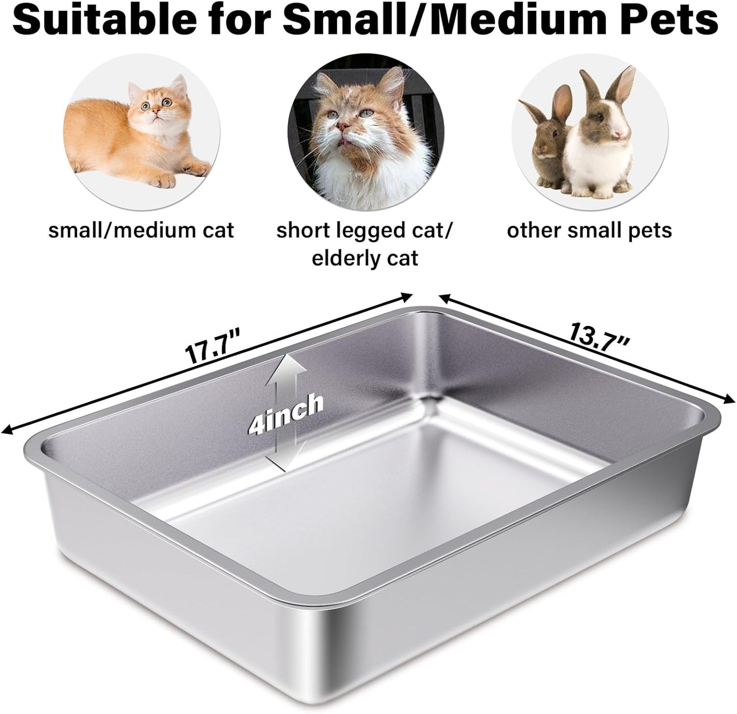 Stainless Steel Cat Litter Box 4in Low Entry,Metal Litter Box for Small Cats/Kitty Easy to Clean,Cat LitterBox for Kitten Elderly Cats,Non Stick, No Smell