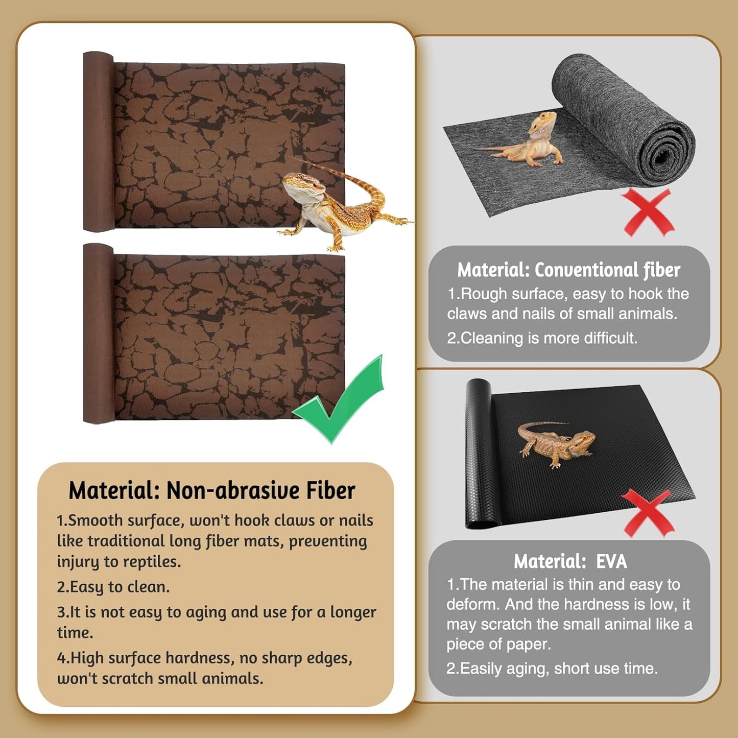 Tfwadmx Reptile Carpet Sand Mat for Bearded Dragon Terrarium Substrate Liner Brown Leopard Gecko Tank Accessories Lizard Bedding Mats for Tortoise Turtle Snake Chameleon with Tweezers 12x20In (2 Pcs)