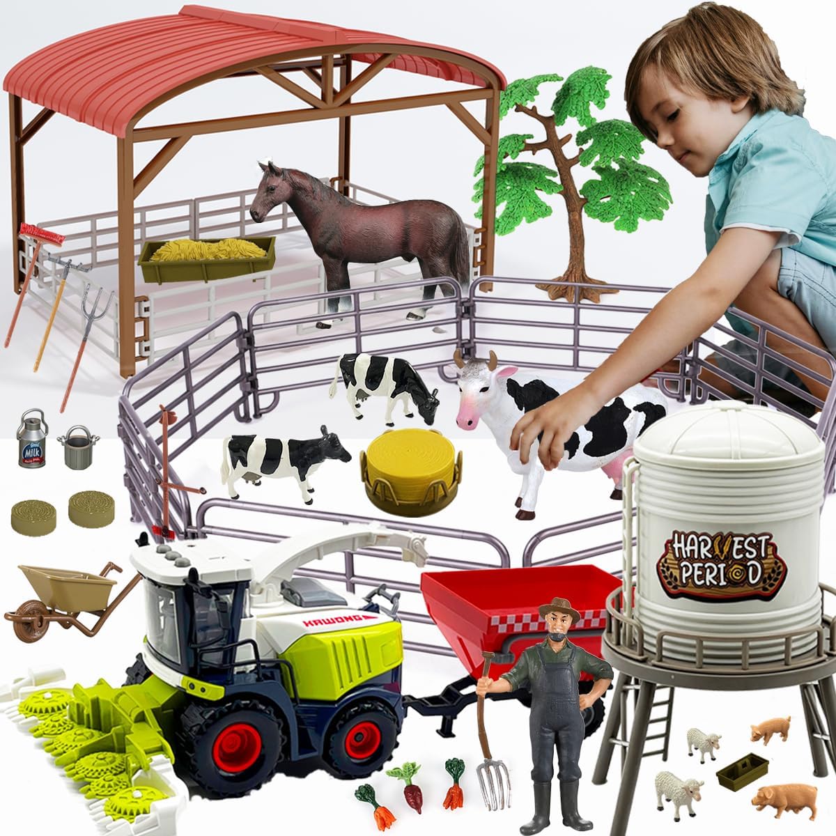 Farm Animals Toys Set Barn Toy Combine Harvester Tractor with Trailer Horse Stable Grain Bins Horse Cow Farmer Figures Fence Playset for Kids Toddlers Boy Girl 3-7 Years Old