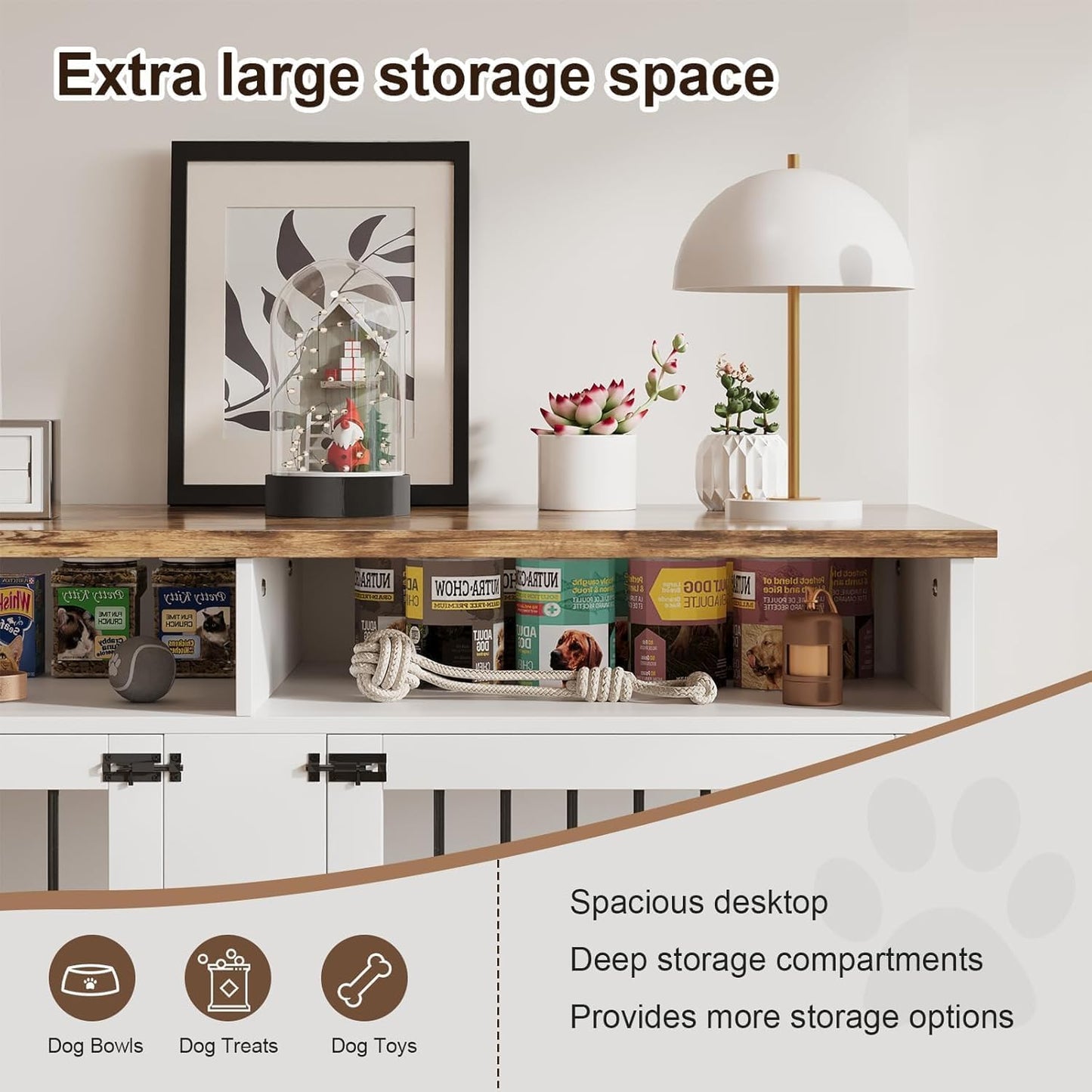 63'' Dog Crate Furniture for 2 Dogs, Wooden Dog Cage with Storage Compartment, Indoor Dog Kennel with 4 Doors for Large/Medium Dogs, White