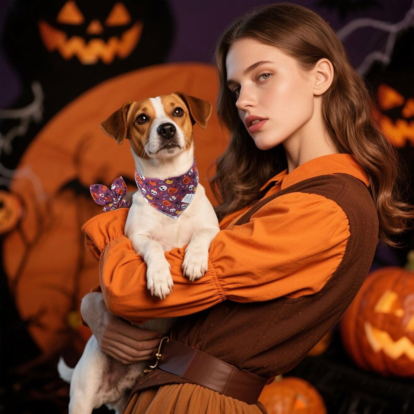 E-Clover Halloween Dog Bandanas & Matching Scrunchie Set Girl Cute Pumpkin Dog Scarf Bibs Pet Bandana with Bow Tie for Medium Large Dogs Owner Mom Purple Orange