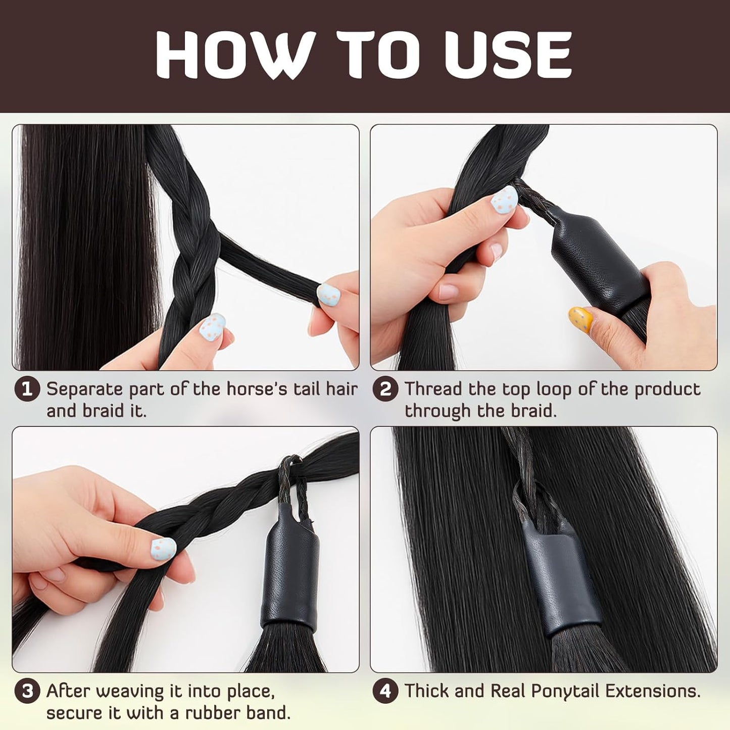 Zeyune 3 Pcs Horse Tail Extensions Set with Braided Horsehair Loop Include Ponytail Comb and Storage Bag, Natural Black for Equestrian Competitions, Horse Shows, Daily Grooming(34-36inch,1 lb)