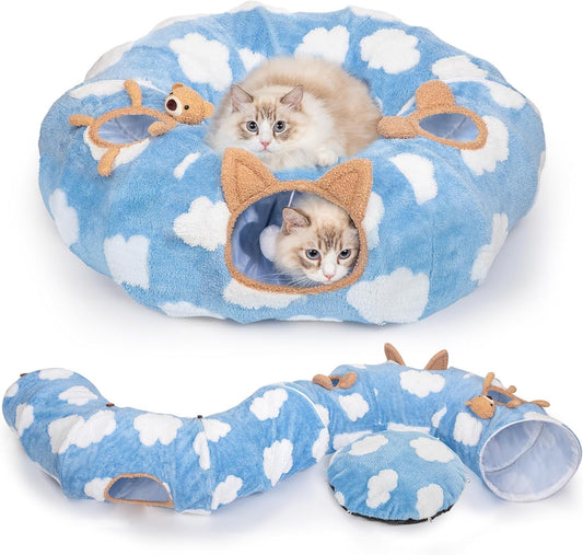 Cat Tunnel Bed, Cat Tunnels for Indoor Cats with Washable Circle Cushion, Multifunctional Peekaboo Cat Cave Donut Tubes Tunnel for Cat Kitty Kitten Puppy Rabbit Ferret (Sky Blue)