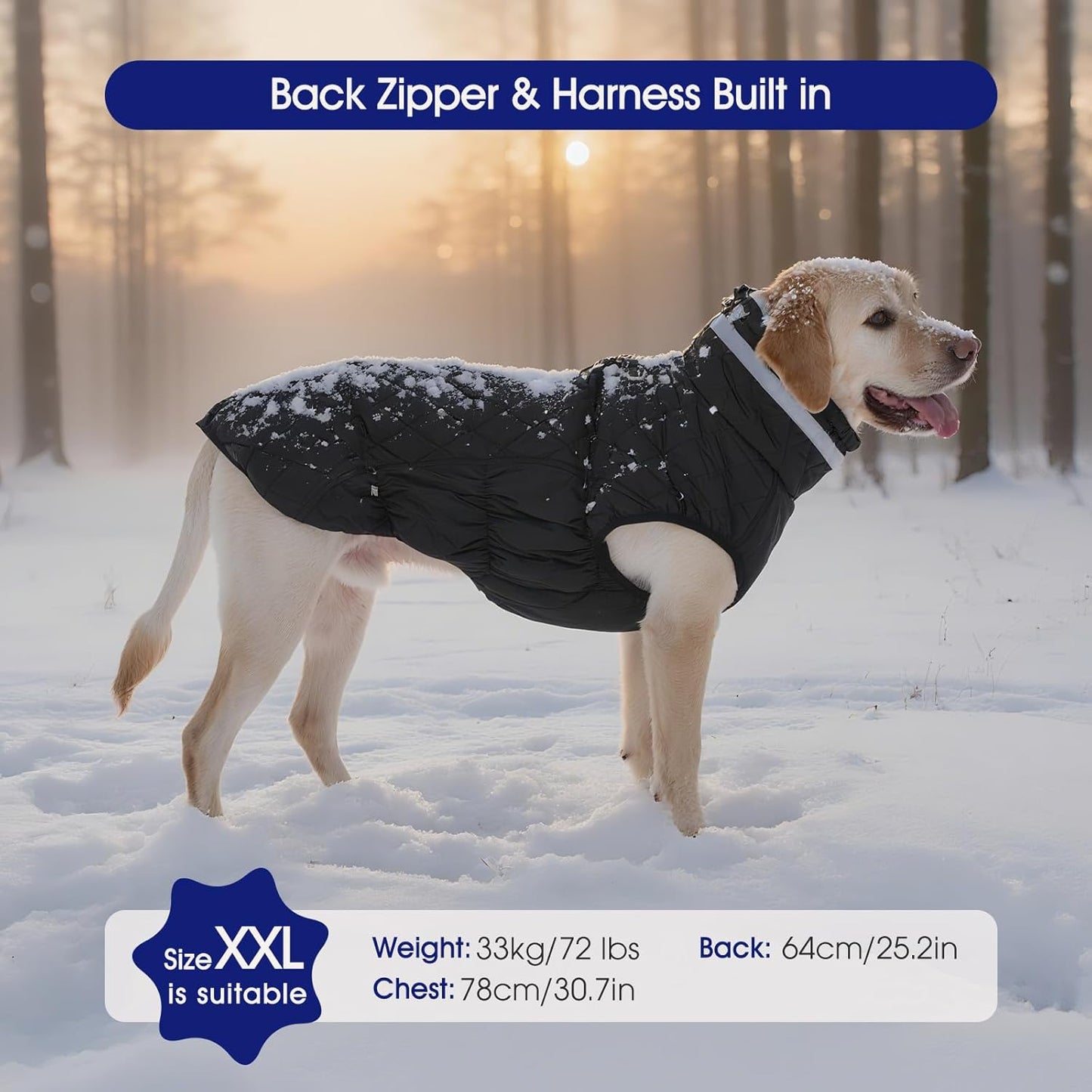 FUAMEY Dog Coat for Large Dogs,Waterproof Dog Winter Jacket with Harness Built in Puppy Cold Weather Coats Reflective Pet Vest with Zipper Warm Fleece Dogs Snowsuit Windproof Solid Black 3XL