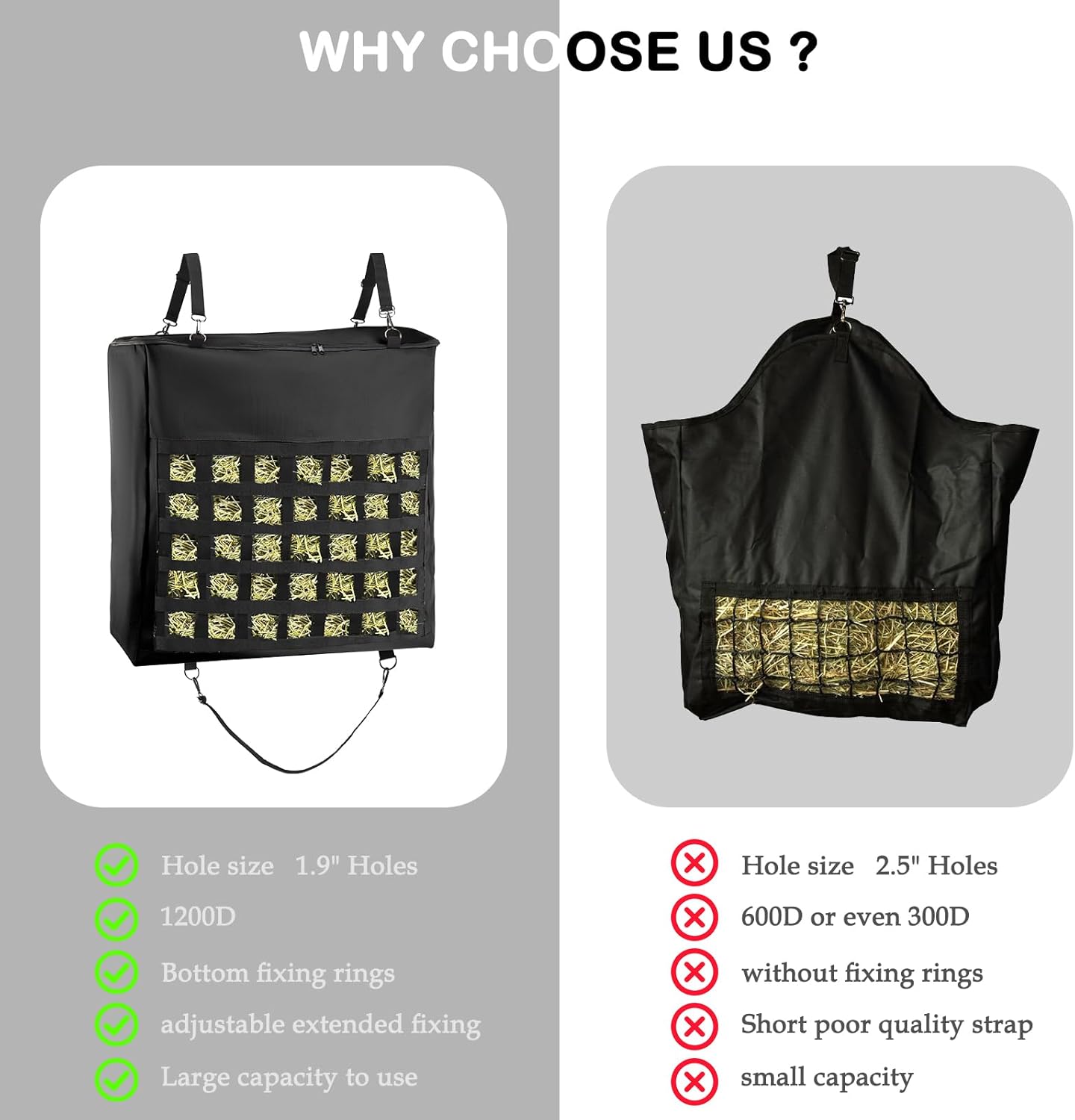 1Pcs Hay Bag for Horse,1200D Oxford Fabric Slow Feed Bags with Front Hay Nets Design and Heavy Duty Zipper Large Top Load Feeding Bag for Horses and Livestock,Black