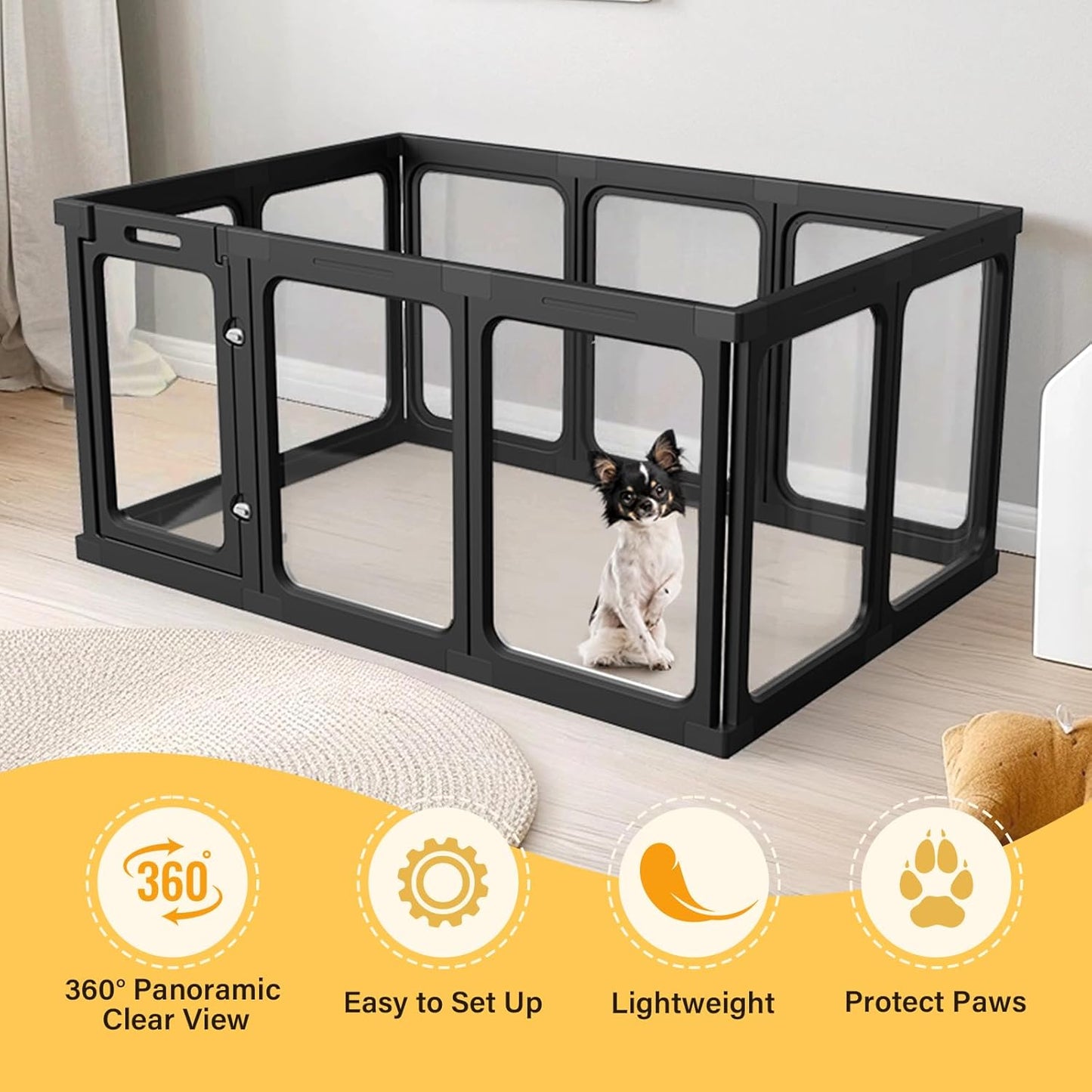Clear Acrylic Dog Playpen, Dog Play Pen for Puppy Cat Rabbit Small Pet, Easy Assemble Pen, Preferable Small Cage, 23.6" H, 12Pcs, Black