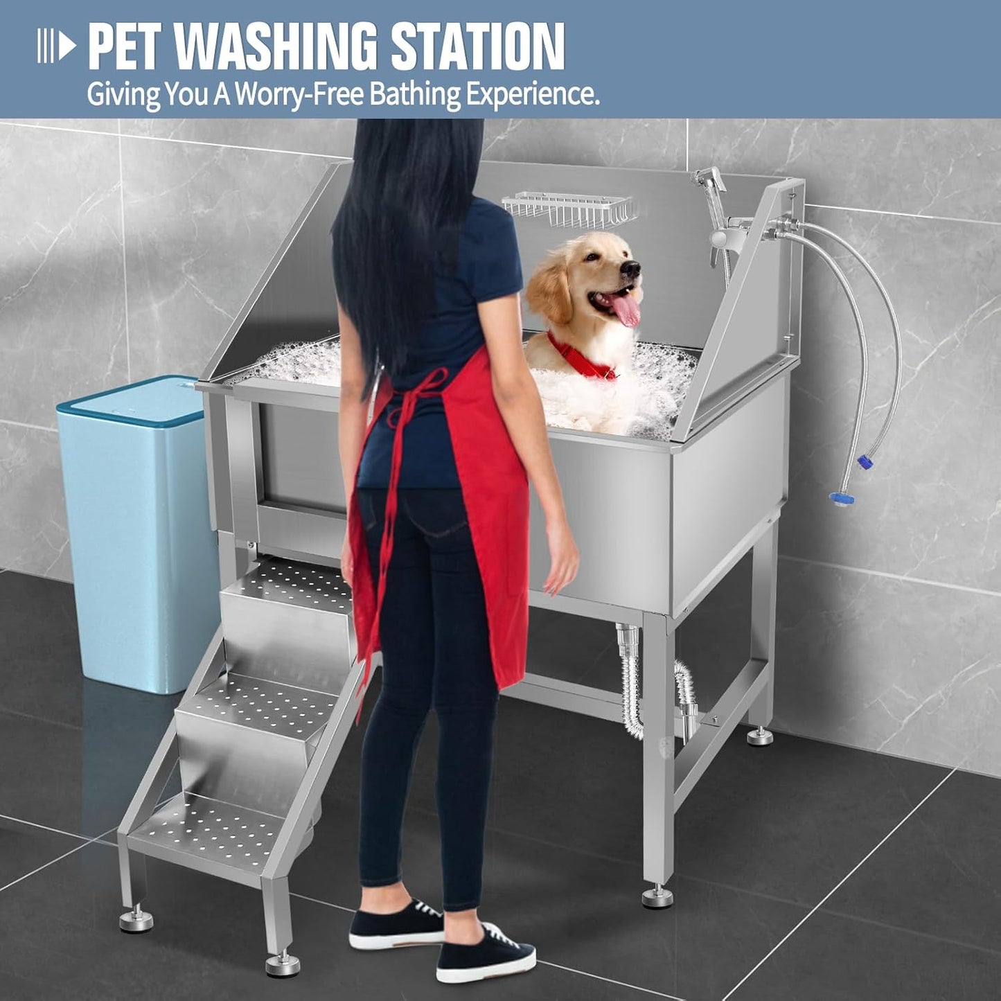 38" Dog Washing Station, Professional Stainless Steel Dog Bathing Station, Equipped with Three Anti-Slip Steps, Removable Door, Upgraded Spray Nozzle&Hose - Ideal for Home, Pet Grooming Salon,L-RAMP