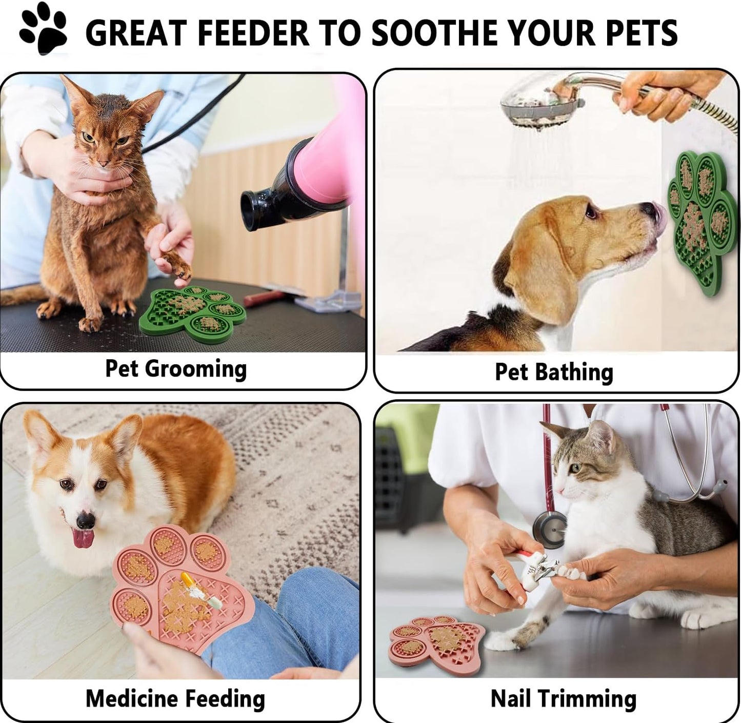 2-Pack Premium Lick Mats for Dogs & Cats | Slow Feeder mat with Suction Cups | Bathing, Grooming & Nail Trimming Aid | Food-Grade Non-Toxic Silicone (Pink & Green)