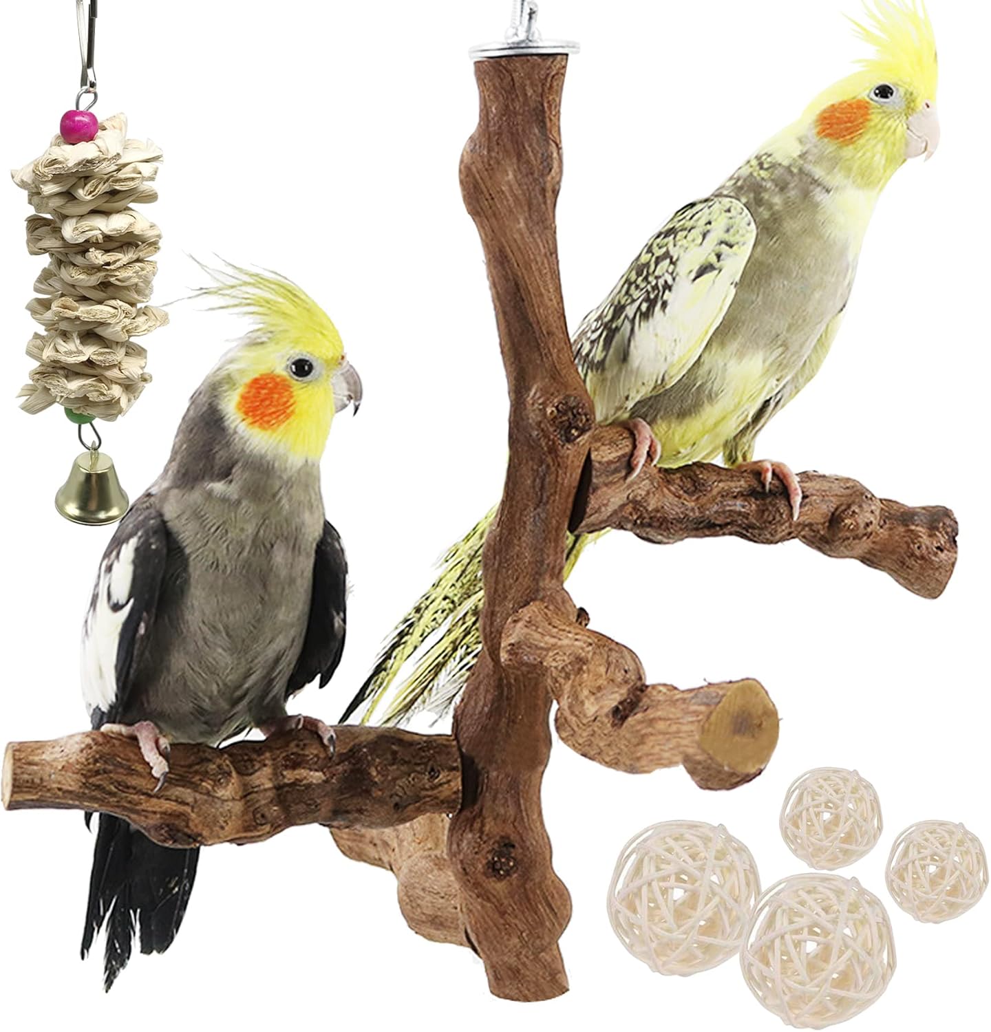Allazone Bird Perch Natural with Chewing Toys Natural Grapevine Bird Stand Grape Stick Natural Bird Parrot Perch Standfor Parrots, Parakeets Cockatiels, Conures, Macaws, Love Birds (Style 1)