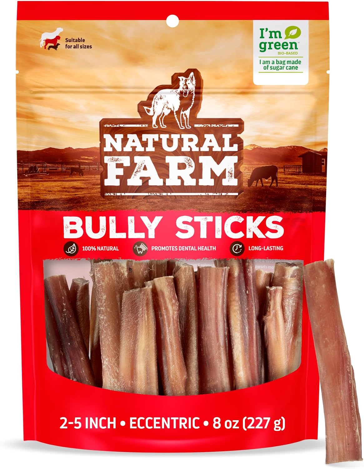 Natural Farm Odor Free Eccentric Bully Sticks (2-5 Inch, 8 Ounces Bag) for Small & Medium Dogs - 100% Beef Chews for Pups, Non-GMO, Grain-Free, Fully Digestible Long Lasting Dog Treats