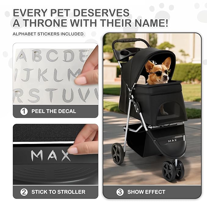 MoNiBloom Foldable Pet Stroller with Weather Cover, 3 Wheels Pet Strolling Cart for Small/Medium Dogs and Cats with Storage Basket and Cup Holder, Breathable and Visible Mesh for All-Season, Black